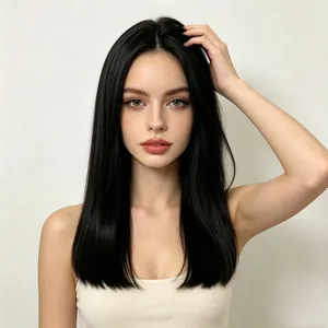 Natural black long straight synthetic hair wig for women with middle part styling