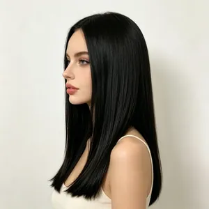 Natural black long straight synthetic hair wig for women with realistic middle part