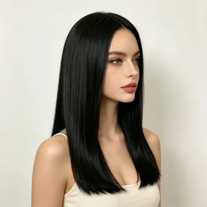 Long straight black synthetic wig with middle part for women, natural looking hair texture