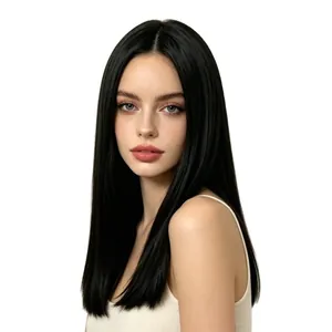 Natural black middle-parted long straight heat-resistant synthetic wig for women