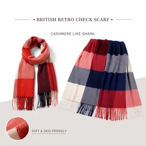 Macro detail showing soft texture of a cashmere-like plaid scarf with fringe