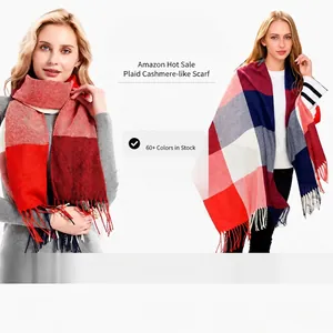 Extra large plaid cashmere-like winter scarf with soft tassel details for women