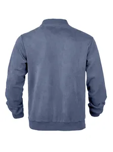 Back view of a minimalist blue suede jacket featuring a stand collar and ribbed hem.