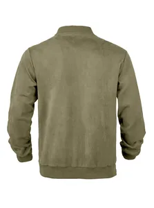 Full back view of a minimalist olive green suede bomber jacket with ribbed hem for men