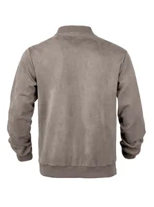 Back view detail of a slim fit men's suede jacket in a solid neutral brown tone