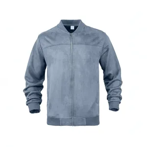 Classic men's blue suede bomber jacket with ribbed cuffs and full zipper closure
