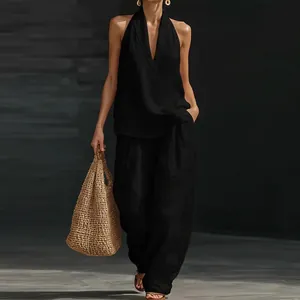 Elegant black linen halter top and wide-leg trousers two-piece summer set for women