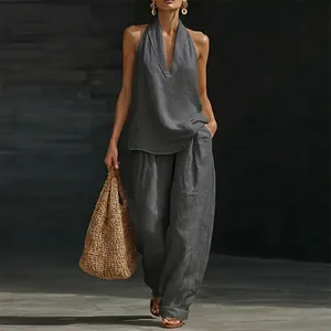 Elegant dark grey sleeveless halter top and wide-leg trousers linen set for women