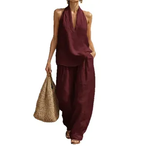 Elegant burgundy halter top and wide-leg trousers two-piece summer linen set for women
