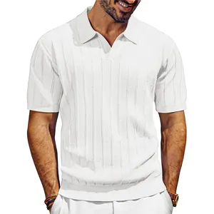 Close-up of men's white vertical striped knit polo shirt with V-neck design