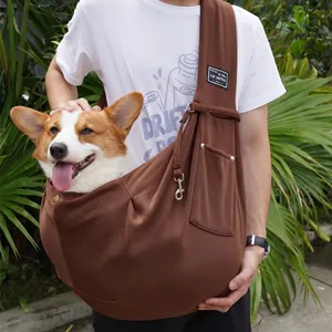 Comfortable brown cotton pet sling carrier for small dogs and cats outdoor travel