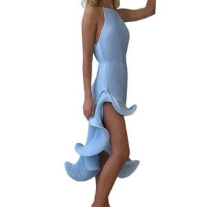 Elegant light blue ribbed slim fit dress with irregular ruffle hem sleeveless design