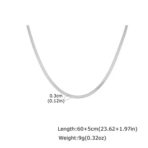 Detail view of 0.3cm width stainless steel snake chain necklace with length and weight