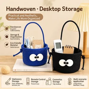 Cute Big Eyes Cotton Rope Woven Storage Basket Handmade Desktop Organizer With Handle Small Woven Bin For Nursery Home Decor