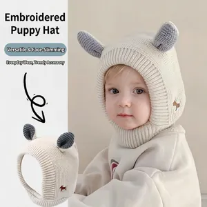 Baby Winter Knit Hooded Hat Fleece Lined Earflap Balaclava Cute Animal Ears Dog Embroidery Warm Windproof For Infant Toddler