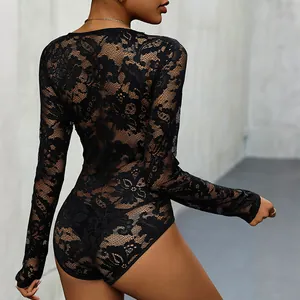 Body élégant à manches longues en dentelle noire transparente avec motif floral pour femme.