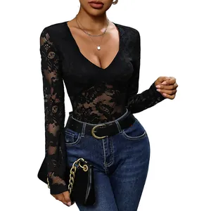 Body sexy en dentelle florale noire à manches longues et col en V pour femme, ajusté