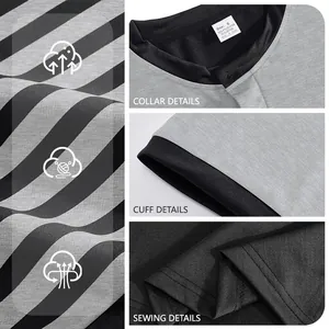 Detailed features of a men's grey and black striped short sleeve polo shirt with collar and cuff views