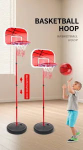 Adjustable height basketball hoop for kids showing range from 63cm to 150cm in a room.
