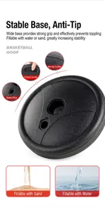 Fillable basketball hoop base detail showing water and sand injection for stability.