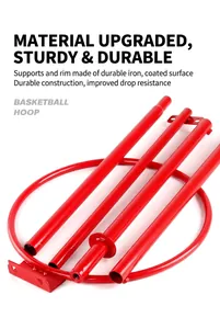 Close-up detail of durable red iron poles and rim for outdoor children's basketball hoop set.
