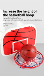 Detailed view of children's adjustable basketball hoop with red backboard and mini ball set