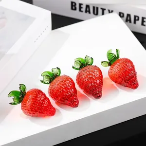 Realistic red crystal strawberry ornaments with green glass leaves for home decor