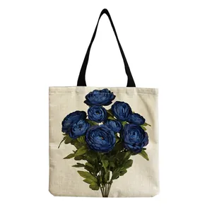 Large capacity linen shopping bag featuring a vintage blue rose floral print design