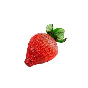 Realistic crystal strawberry fruit ornament with vibrant red glaze finish and green leaves