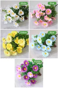 Detailed view of artificial daisy bouquets in various colors on magazine backdrop.