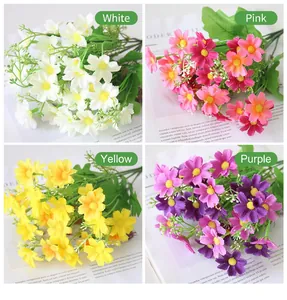 Artificial daisy flower bouquets in four colors: white, pink, yellow, and purple.