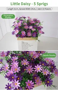 Detail view of purple artificial daisy bouquet with 5-fork stems in a rustic paper bag