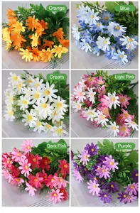 Close-up detail showing six different color variants of artificial daisy bouquets.