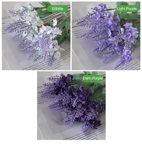 Close-up detail of artificial lavender flower bouquets in white, light purple and dark purple