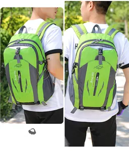 Detail view of a lime green large capacity outdoor hiking backpack on a male model