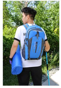 Detailed rear view of a professional blue large capacity outdoor hiking backpack
