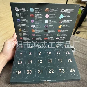 Close-up view of the crystal stone names and descriptions on a Christmas advent calendar
