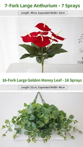Detail view of 7-fork red anthurium and 16-fork green leaf artificial plants