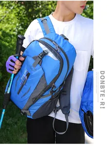 Outdoor hiking backpack detail showing ergonomic shoulder straps and side pocket design.