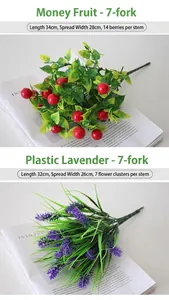 Detailed view of realistic artificial red berry bouquet and purple lavender floral arrangement.