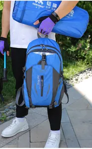Blue large capacity hiking backpack shown being carried in an outdoor setting