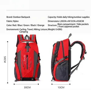 Detailed view of red outdoor hiking backpack with size and feature specifications