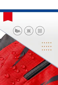 Close-up detail of water-repellent red nylon fabric with water droplets on hiking backpack