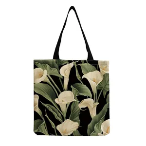 Vintage floral calla lily print canvas tote bag with large capacity and black straps