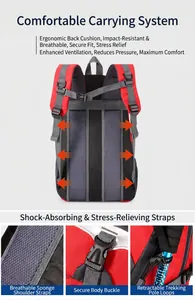 Details of hiking backpack showing breathable straps and professional safety buckles.
