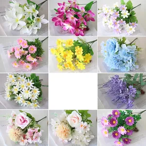 Assorted artificial flower bouquets including silk roses and daisies for home floral decor