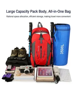 Detail view of a large-capacity red hiking backpack with organized travel gear.