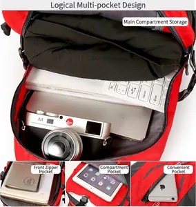 Detailed view of multiple compartments in a red hiking backpack showing storage capacity.