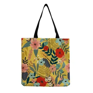 Floral print large capacity canvas shopping tote bag with red and pink flowers