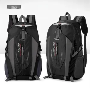 Two angles of a large capacity black hiking backpack for outdoor travel and sports.